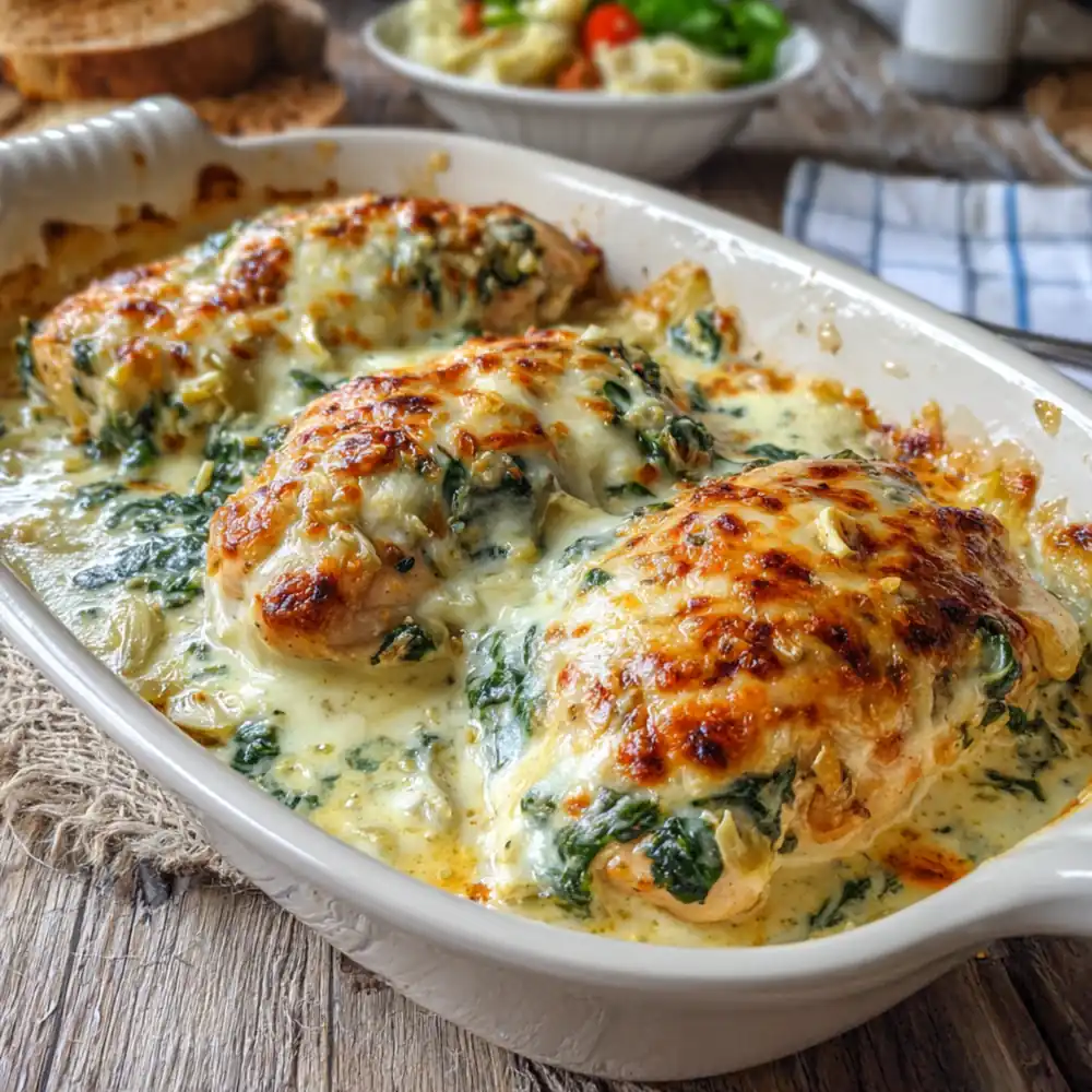 Baked chicken breasts with spinach artichoke cream sauce