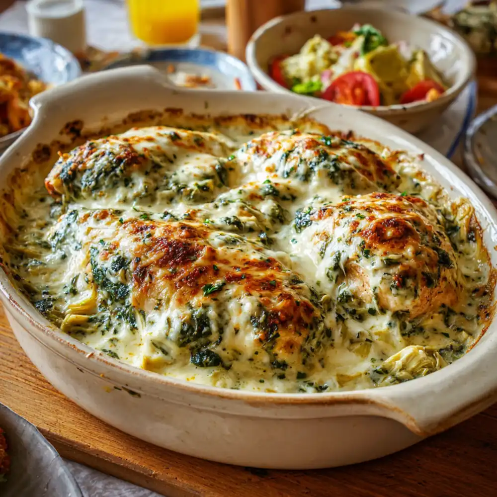 Creamy baked chicken with spinach artichoke and melted cheese
