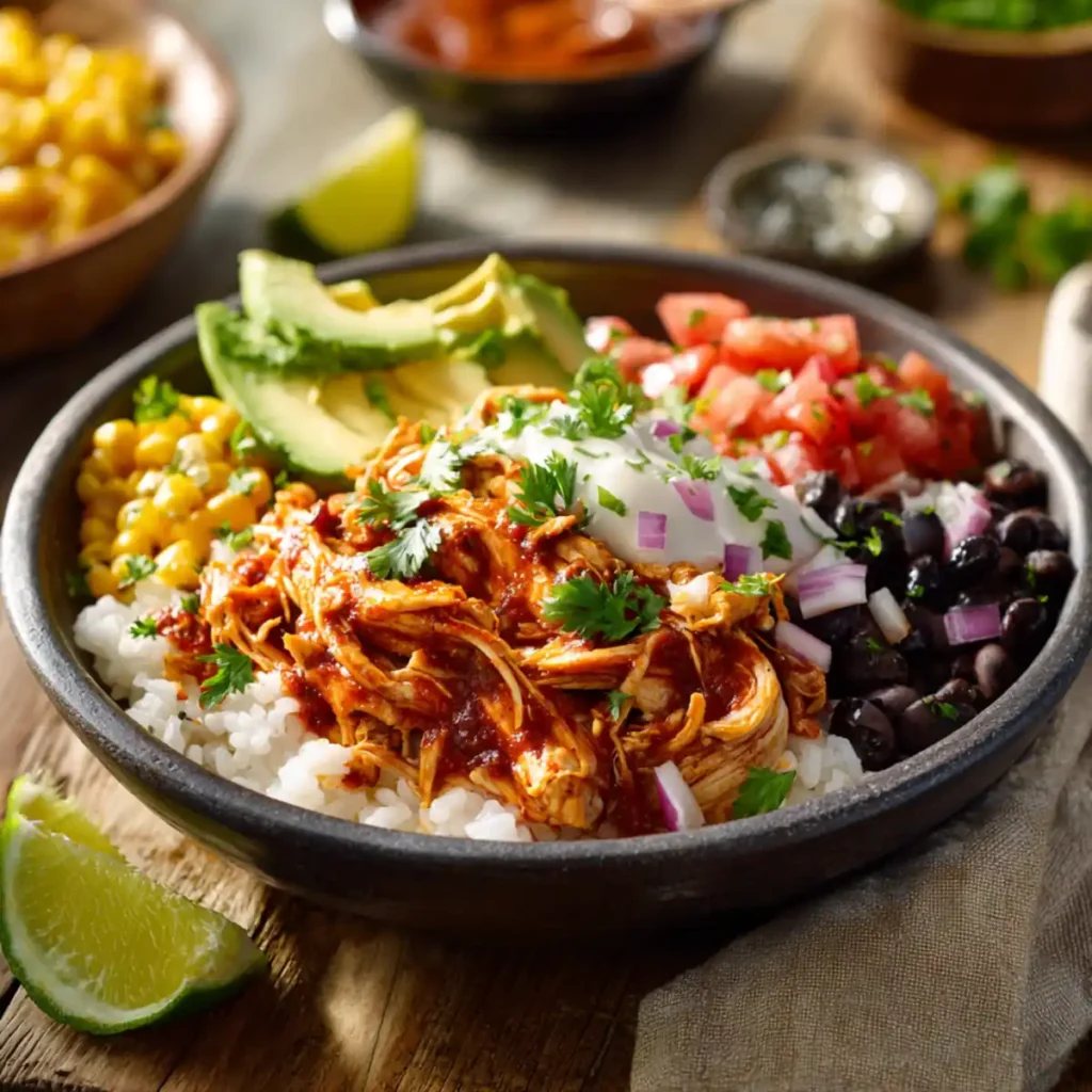 Shredded chicken enchilada bowl with cilantro, avocado, black beans and fresh salsa
