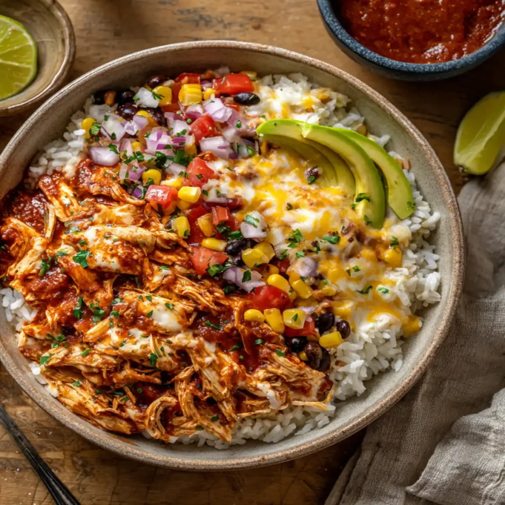 High protein chicken enchilada bowl with shredded chicken, rice, black beans, corn, melted cheese and avocado slices