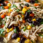 One-pot chicken poblano and black bean soup with corn, herbs, and tender shredded chicken in a light broth