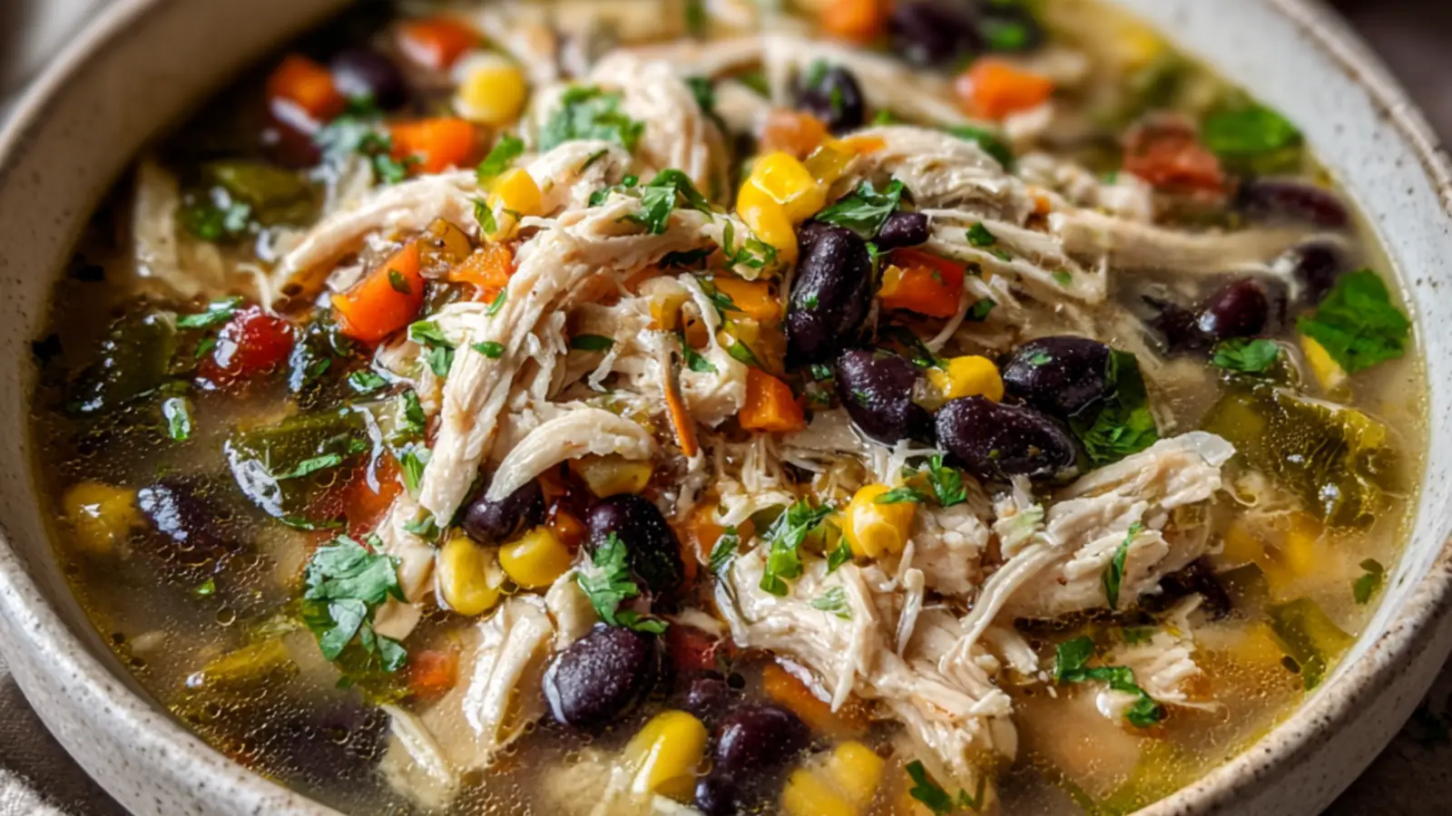 One-pot chicken poblano and black bean soup with corn, herbs, and tender shredded chicken in a light broth