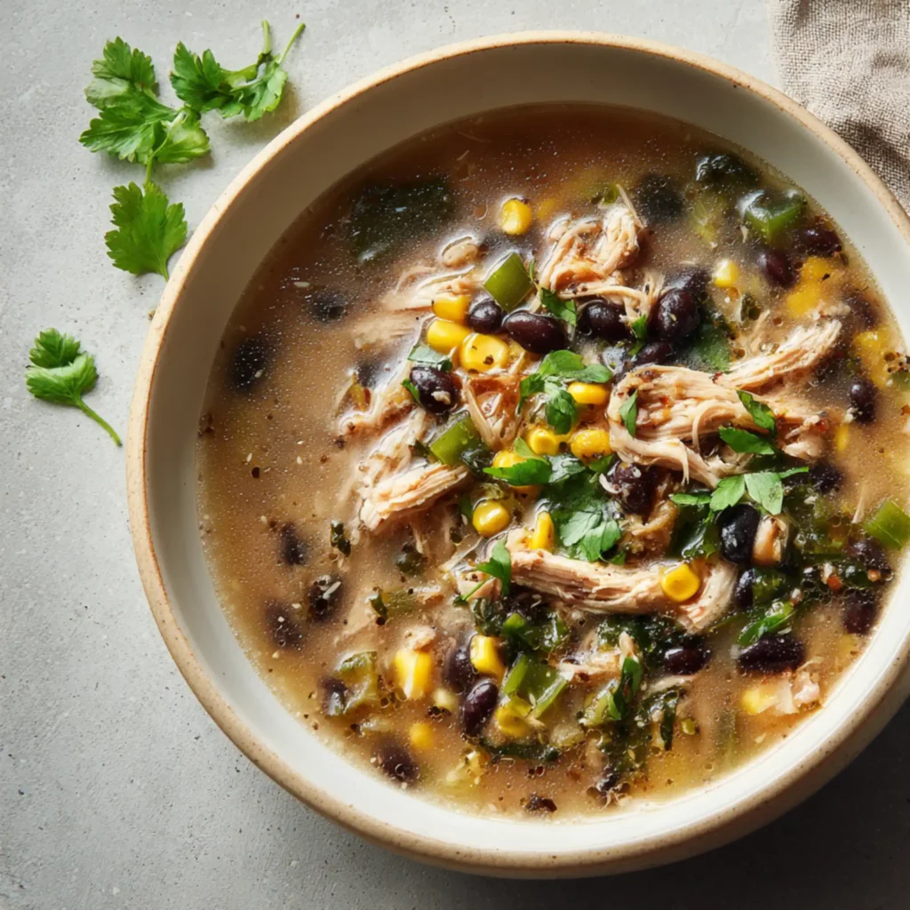Shredded chicken poblano soup with black beans and corn in a rustic bowl