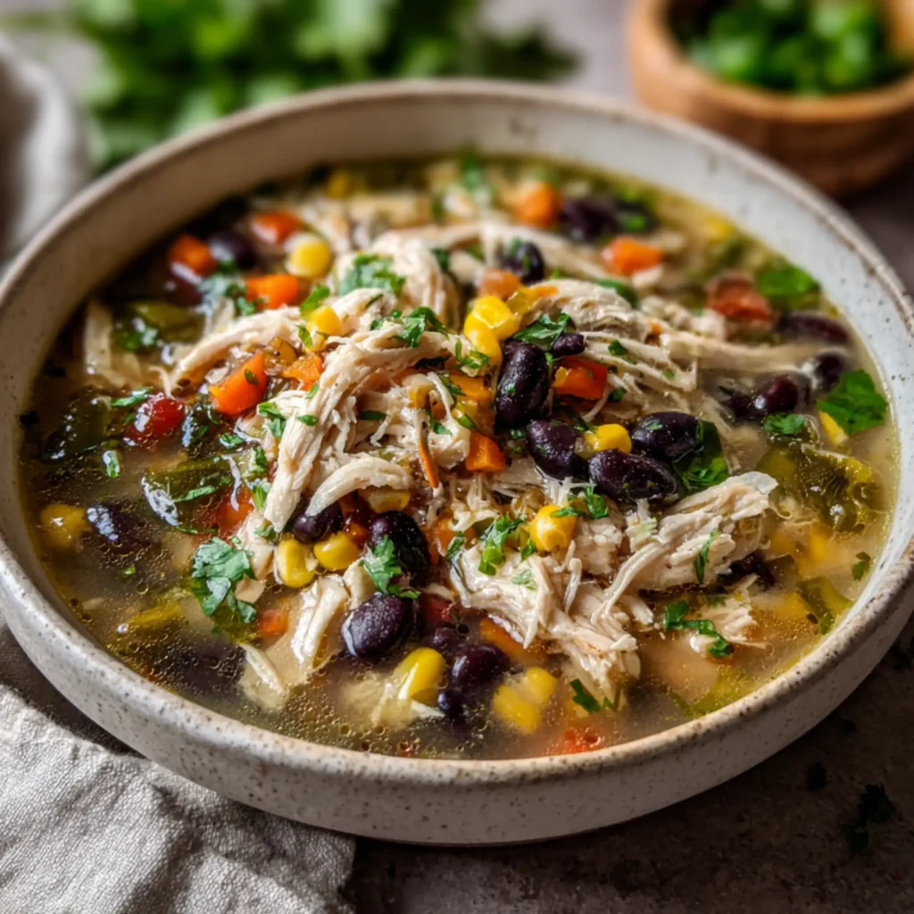 Chicken poblano and black bean soup served with corn, peppers, and fresh herbs