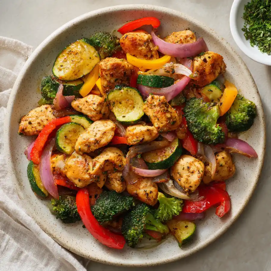 Chicken and vegetables cooked together with zucchini, broccoli, peppers, and onions