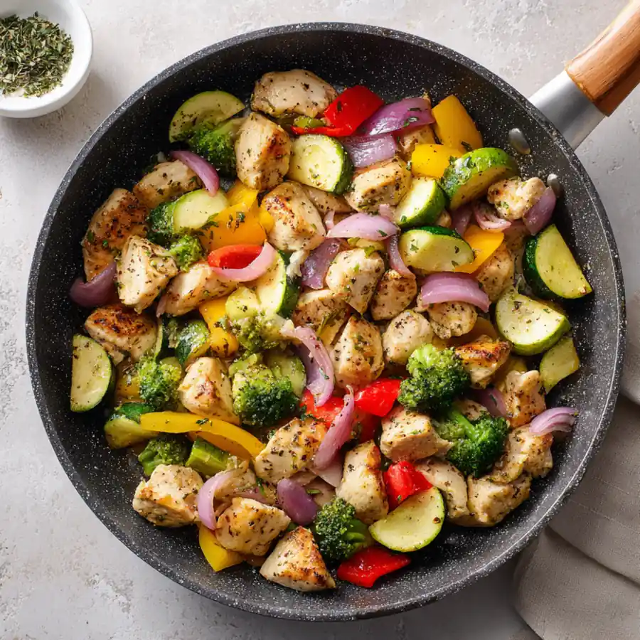 Skillet chicken with zucchini, broccoli, and bell peppers