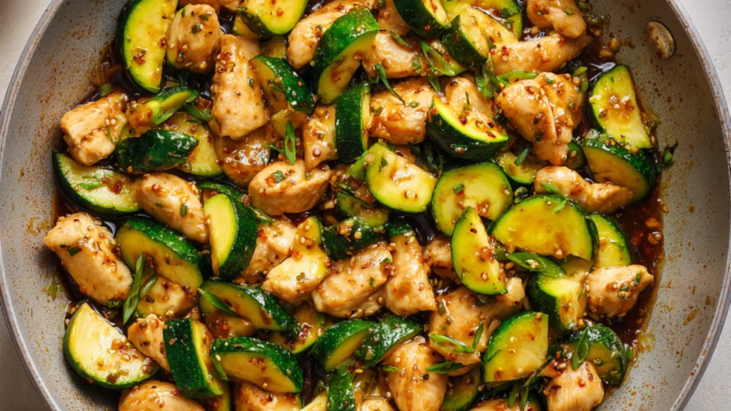 Chicken zucchini stir fry cooked in a skillet with garlic sauce