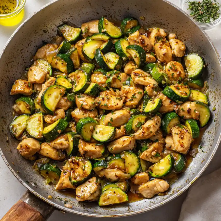 Chicken and zucchini stir fry cooked in a skillet with garlic, olive oil, and herbs