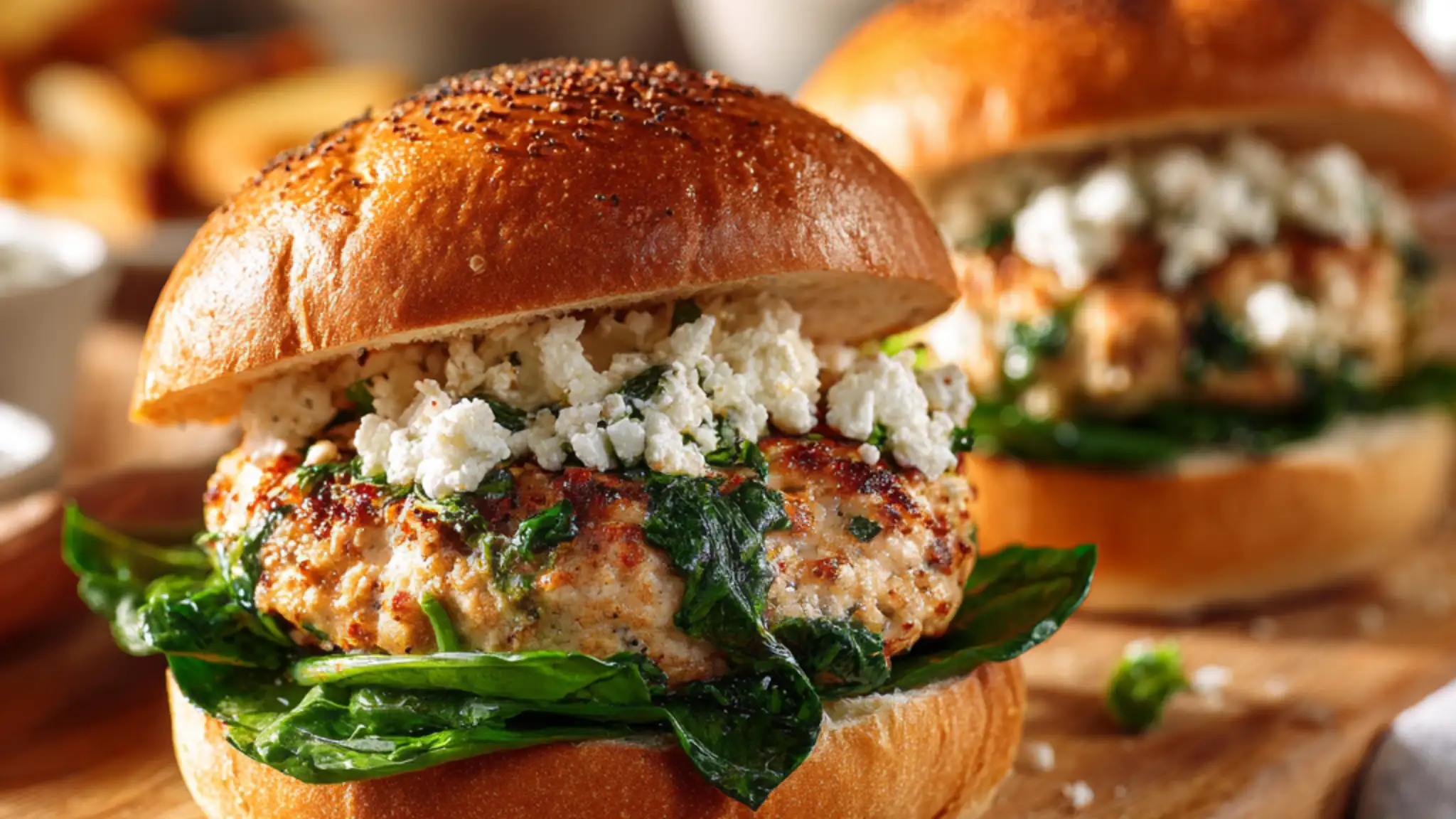 Juicy chicken burger with spinach and feta on toasted brioche bun