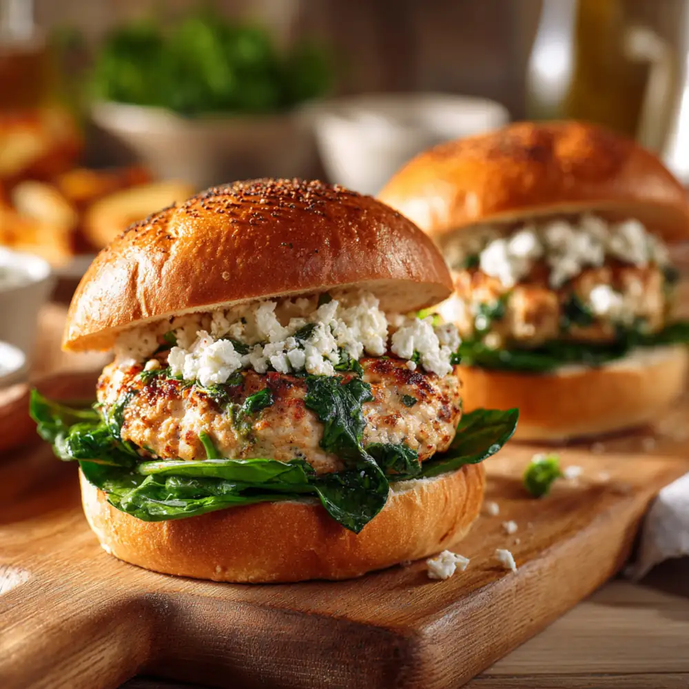 Grilled chicken patty mixed with spinach and topped with feta cheese