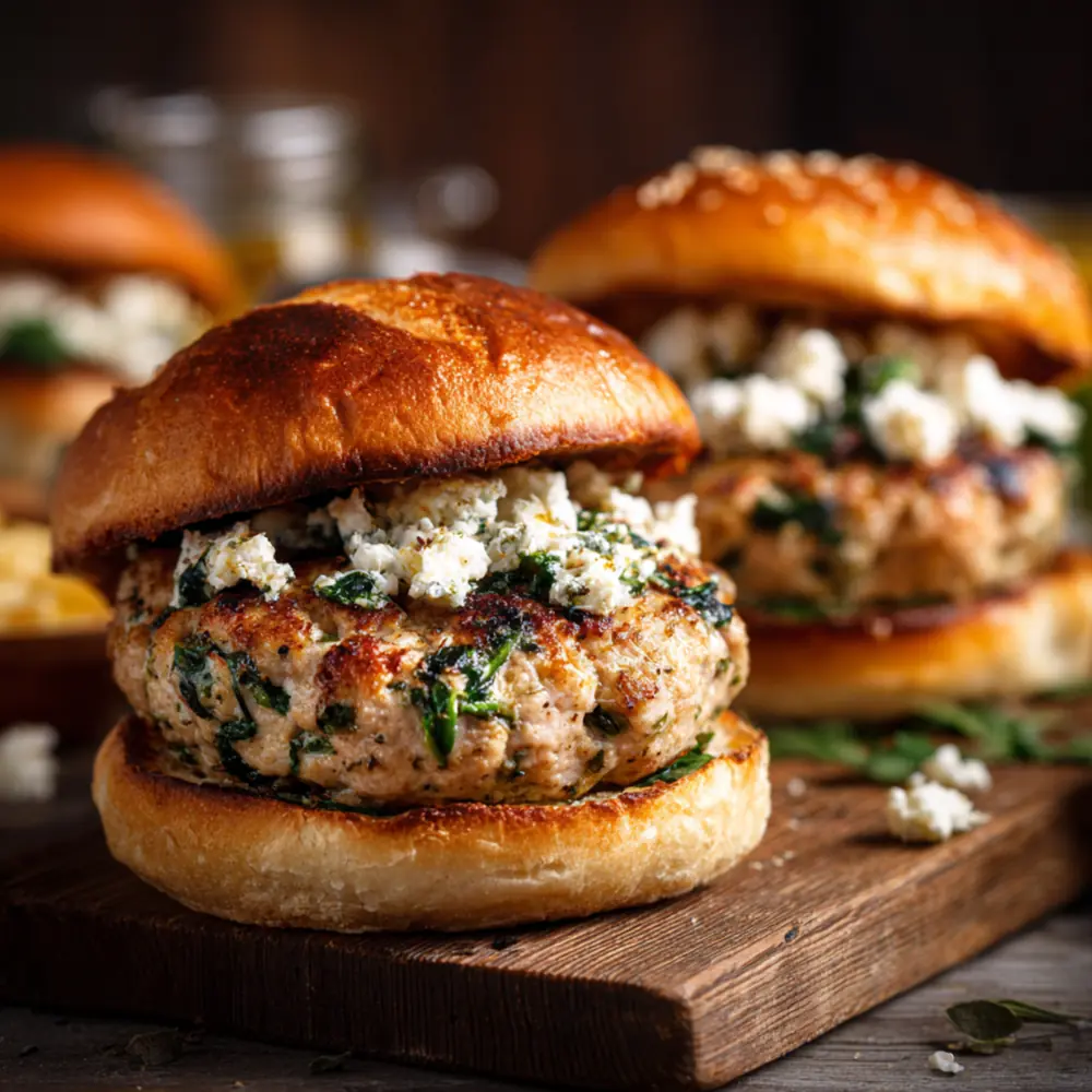 Chicken burger with spinach and feta served on toasted bun