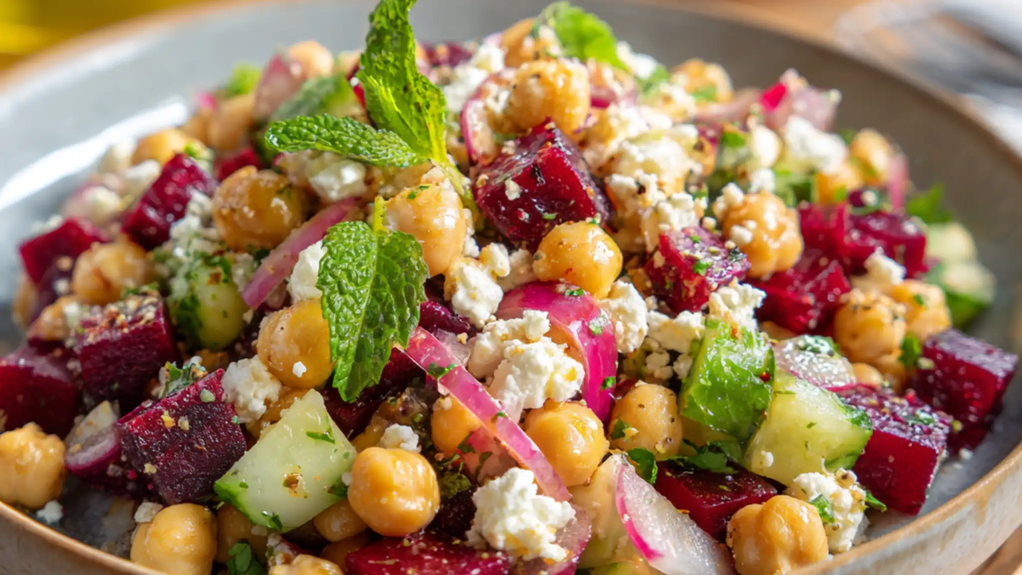 Chickpea beet feta salad with roasted beets, cucumber, red onion and fresh herbs