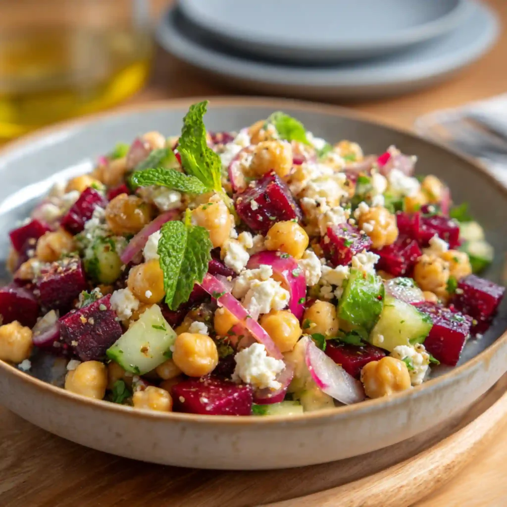 Mediterranean beet and chickpea salad with feta cheese and mint