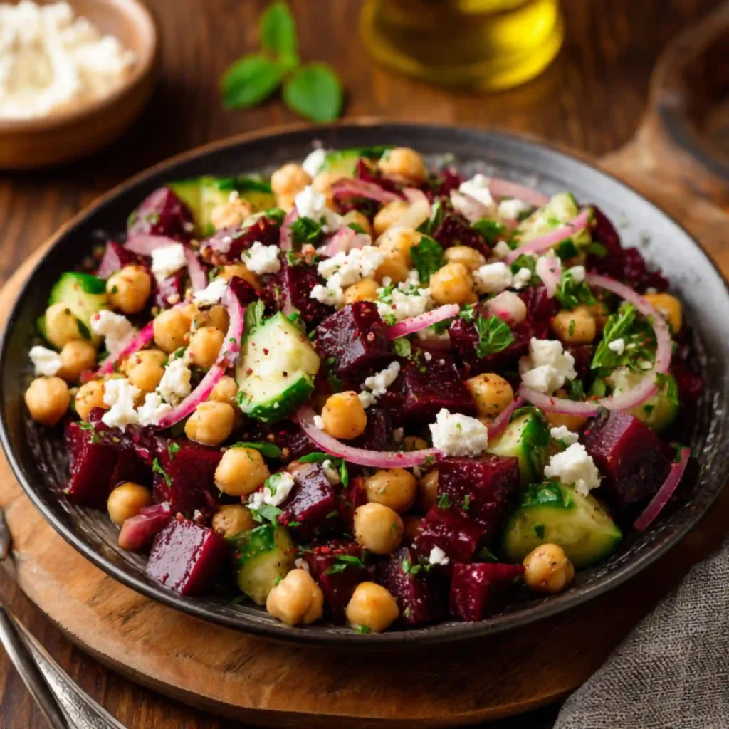Healthy chickpea salad with roasted beets, cucumber and feta