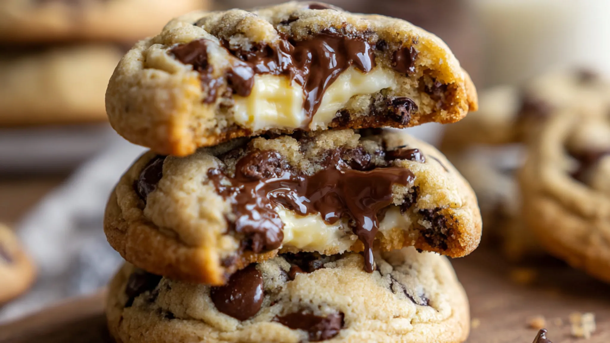 Chocolate chip cheesecake cookies stacked with creamy cheesecake filling and melted chocolate