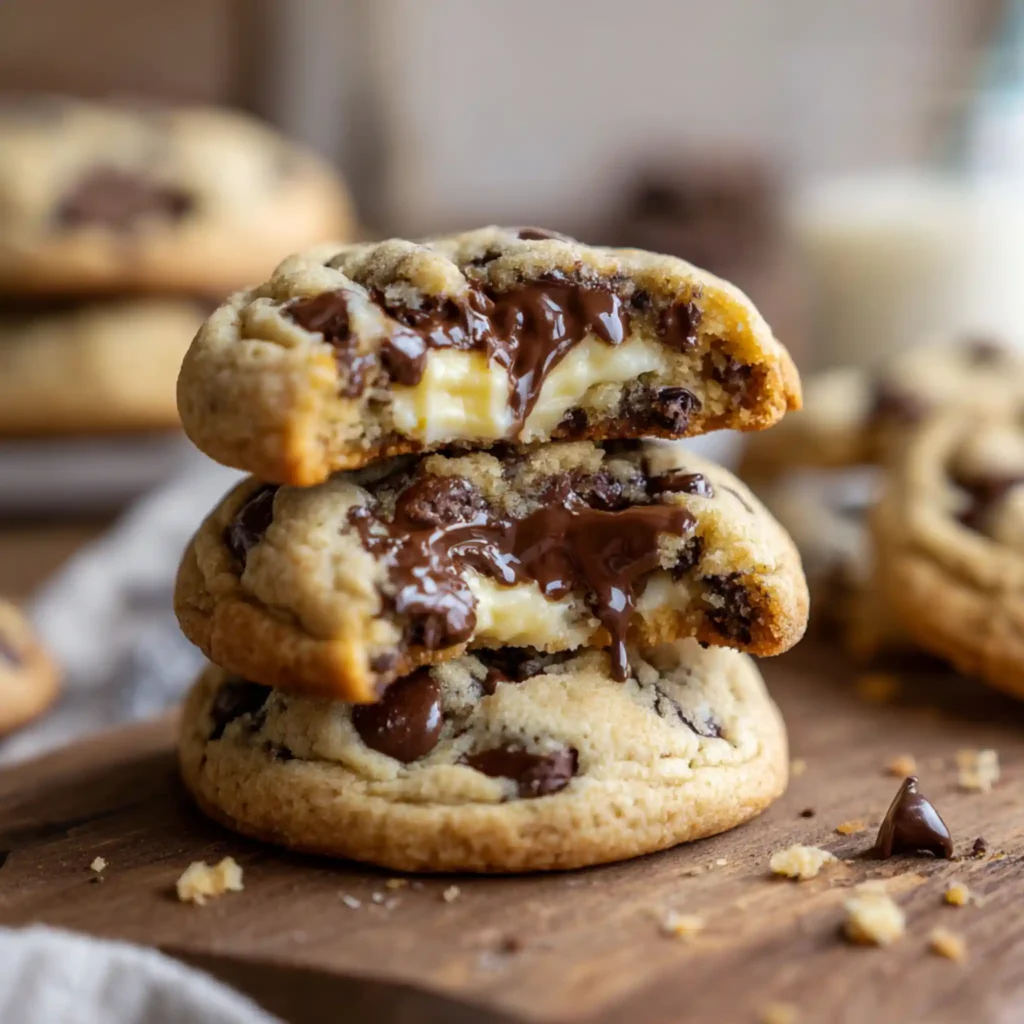 Stacked cheesecake stuffed chocolate chip cookies with melted chocolate and creamy center
