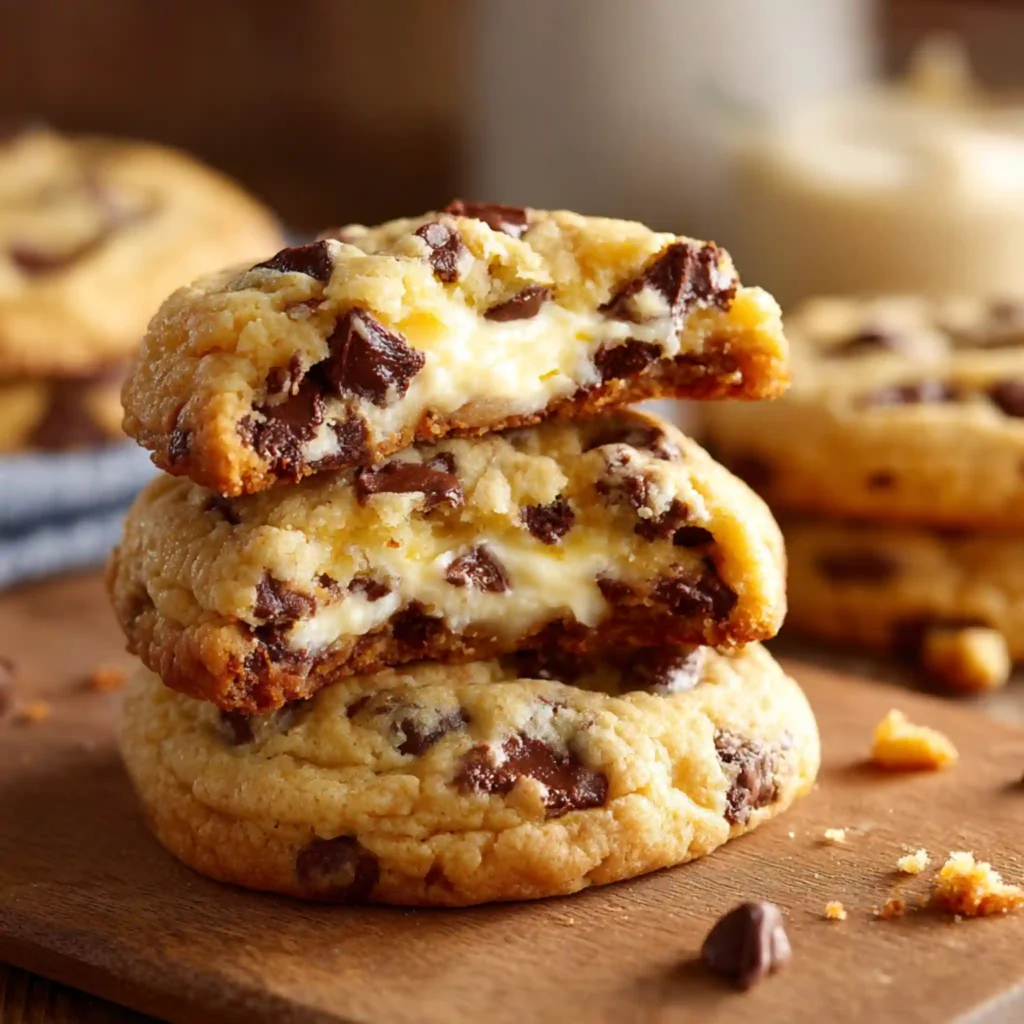 Chocolate chip cheesecake cookies with creamy vanilla center and gooey chocolate chunks