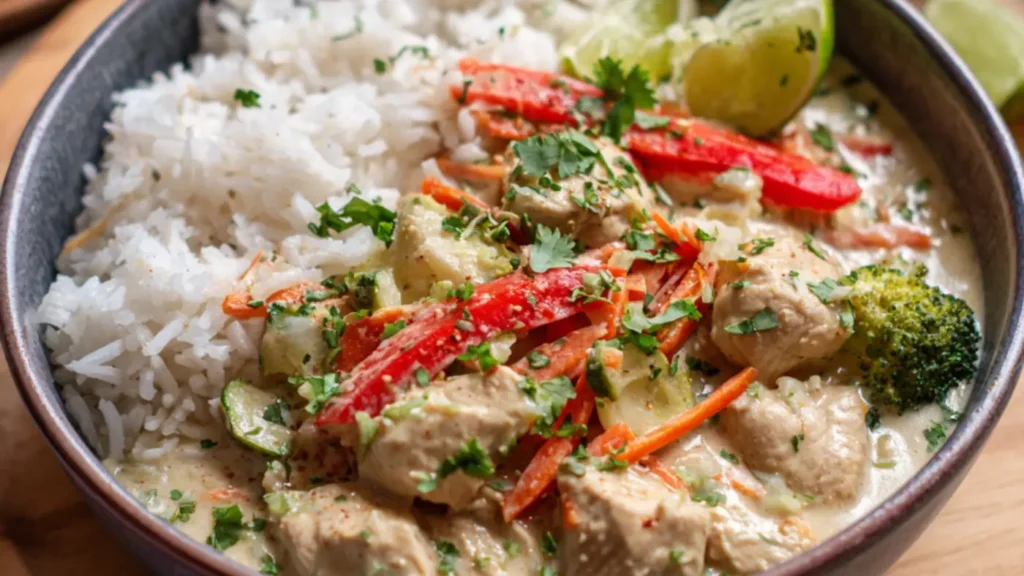 Coconut chicken cooked in creamy sauce with vegetables served alongside white rice