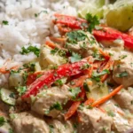 Coconut chicken cooked in creamy sauce with vegetables served alongside white rice