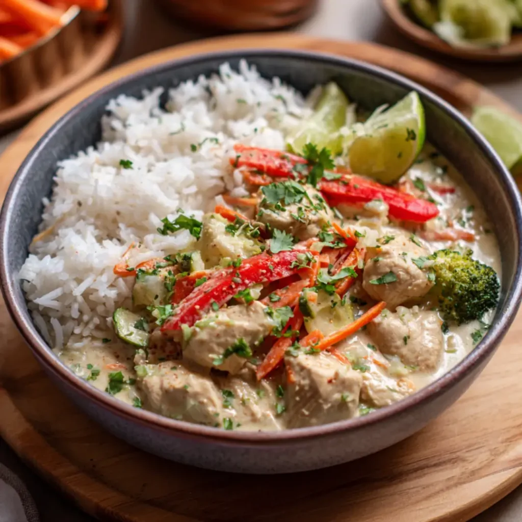 Coconut chicken rice bowl with vegetables and creamy sauce