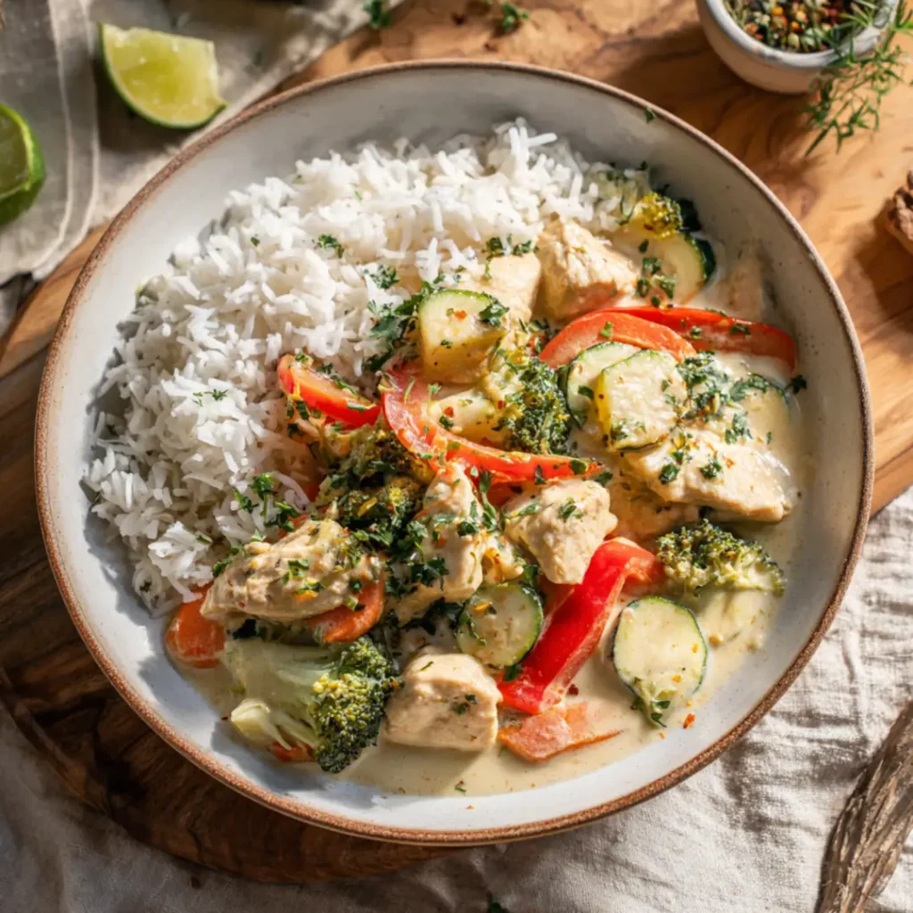 Creamy coconut chicken with rice, broccoli, zucchini, and red peppers