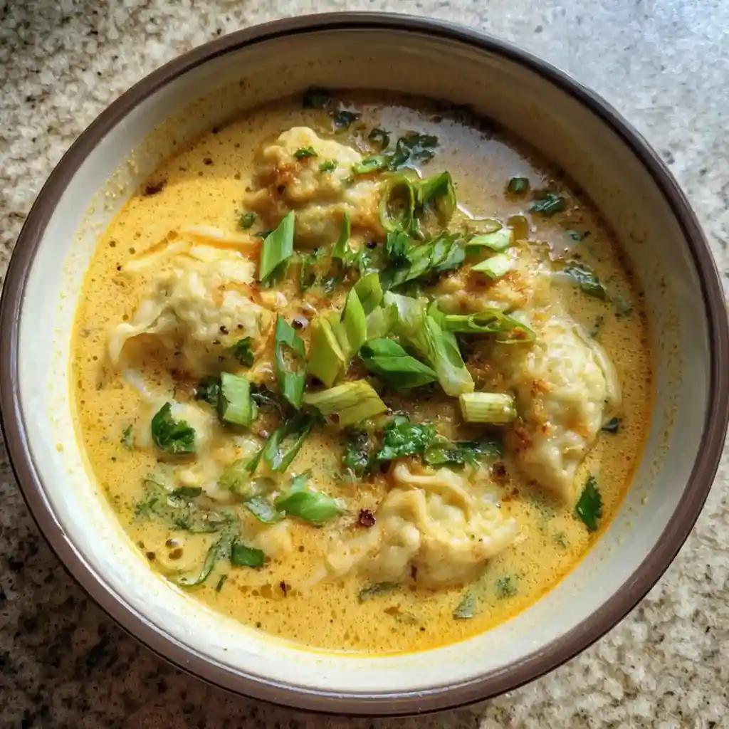 Creamy coconut curry soup with dumplings and green onions