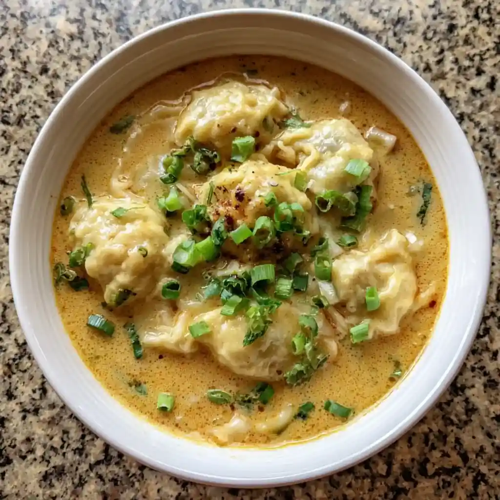 Dumpling soup in a creamy coconut curry broth