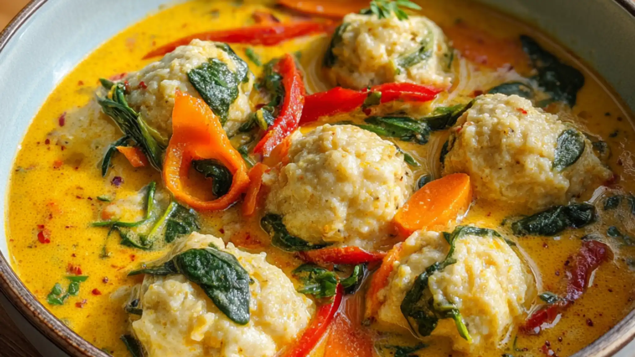 Coconut curry soup with soft dumplings, red peppers, and fresh spinach