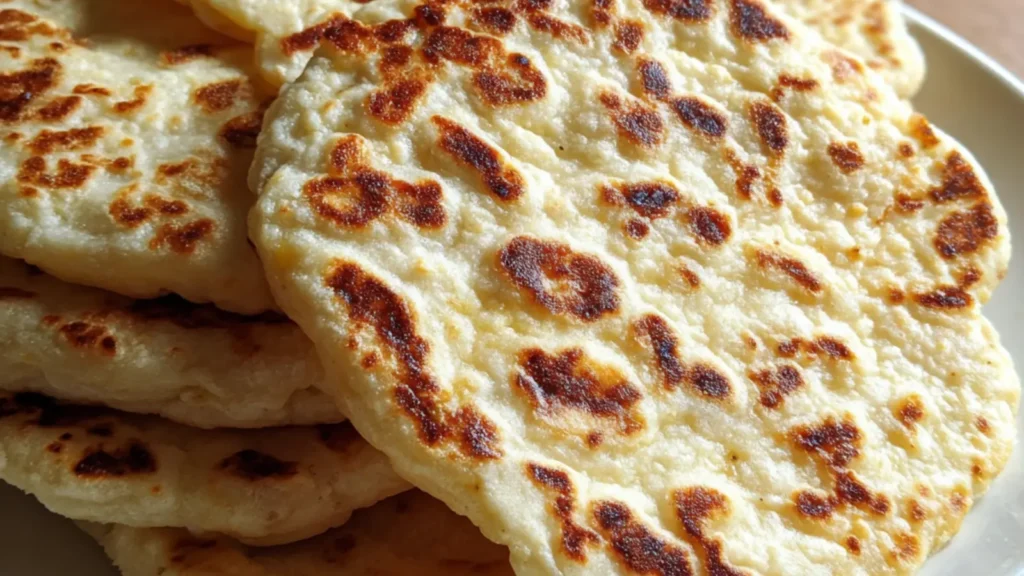 Cottage cheese flatbreads stacked on a plate with golden toasted spots