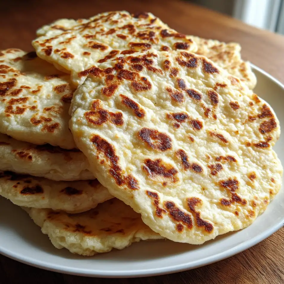 Homemade cottage cheese flatbreads stacked and ready to serve