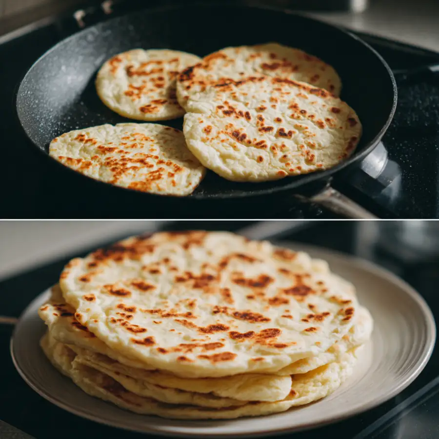 Cottage cheese flatbread cooking in a skillet with golden brown spots