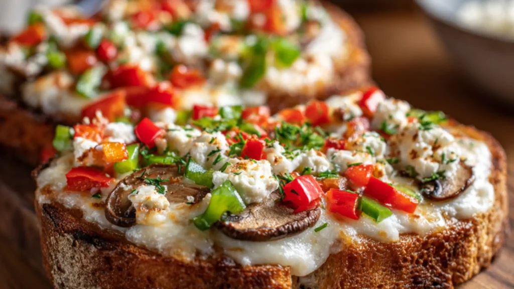 Air fryer cottage cheese pizza toast topped with melted mozzarella, mushrooms, and diced bell peppers