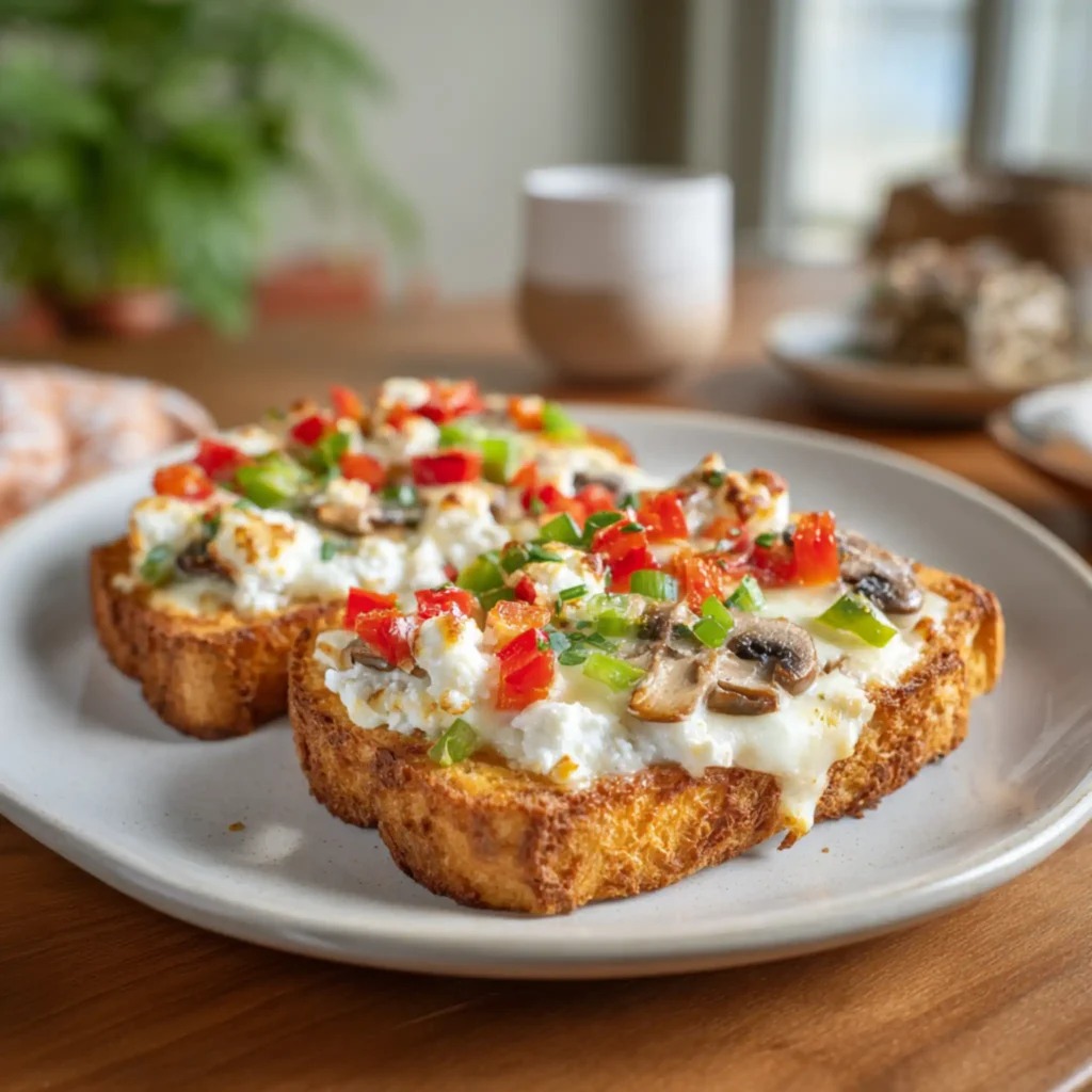 Cottage cheese pizza toast with melted cheese and vegetables