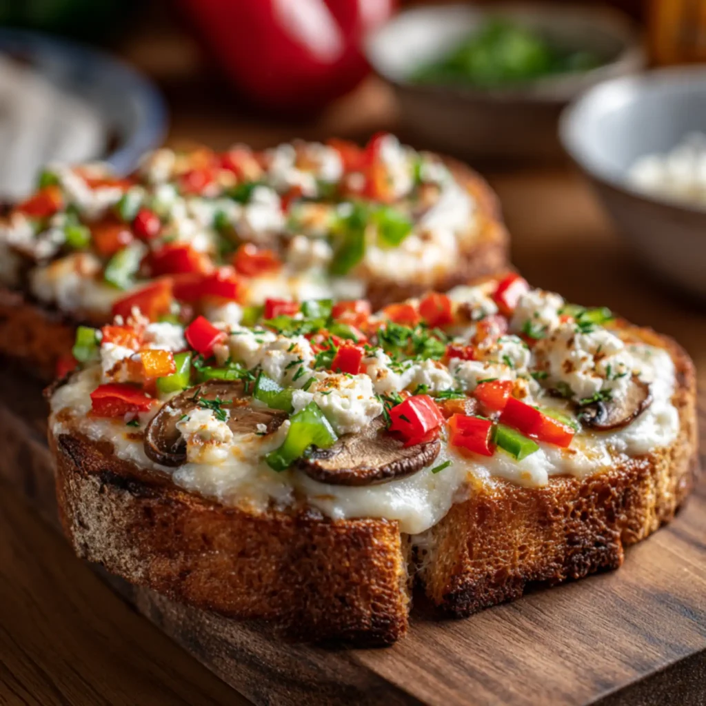 Crispy pizza toast with cottage cheese, mushrooms, and colorful peppers