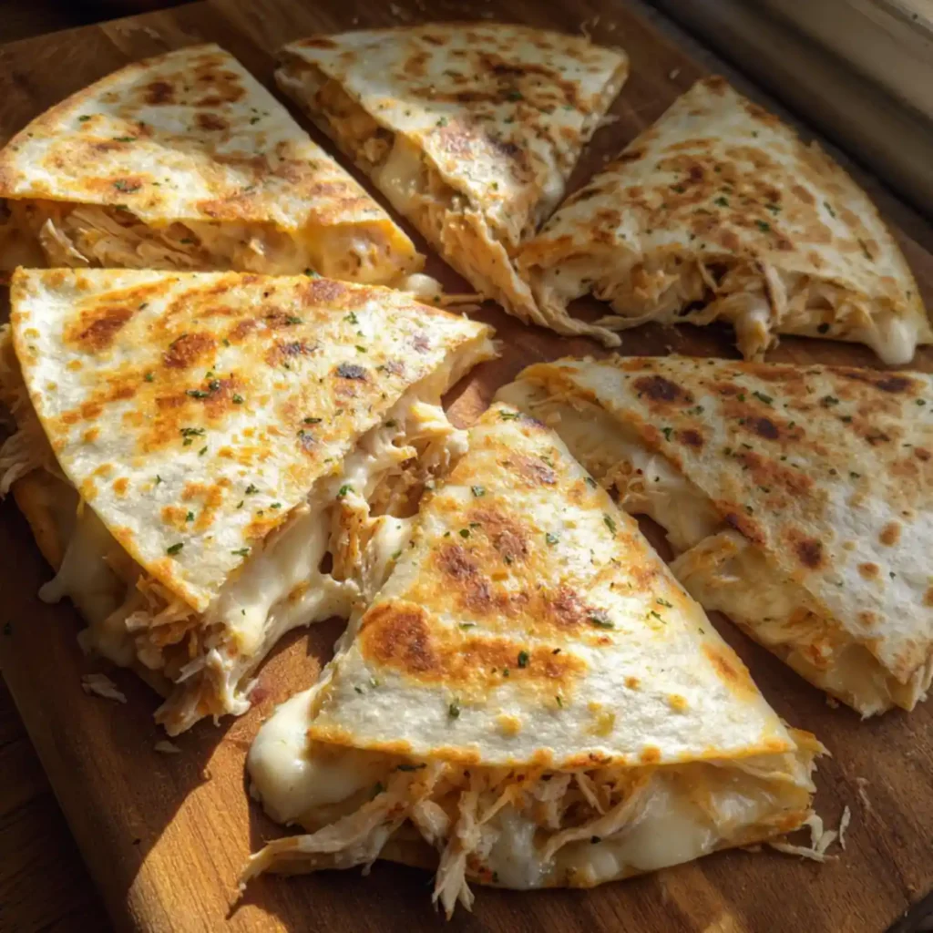 Stacked creamy chicken quesadilla triangles with crispy tortillas
