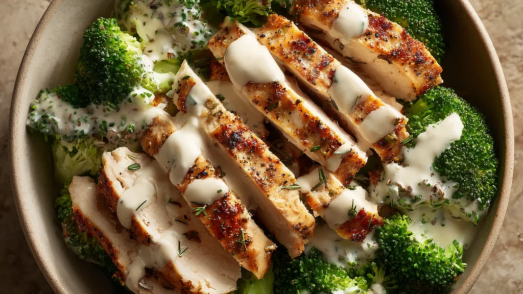 Creamy garlic chicken and broccoli bowl with sliced grilled chicken