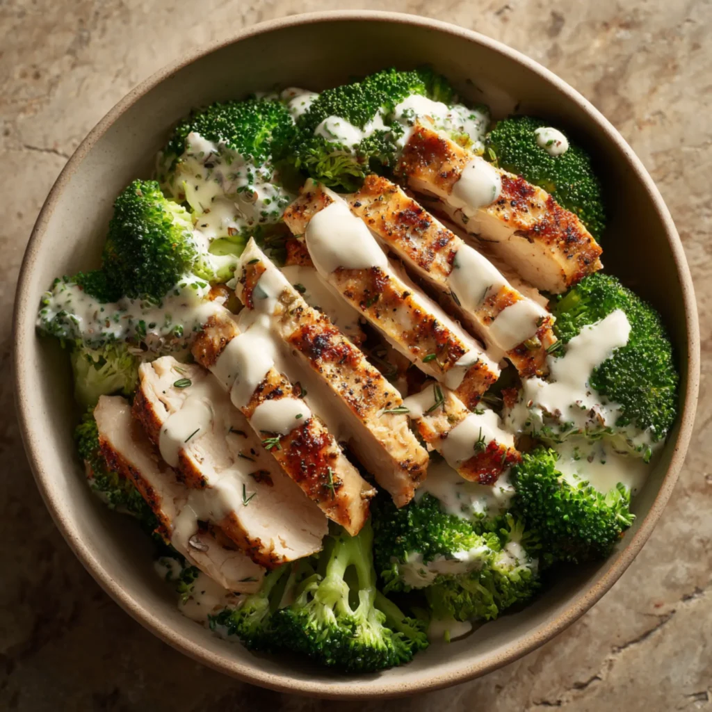 Garlic chicken and broccoli bowl with creamy sauce