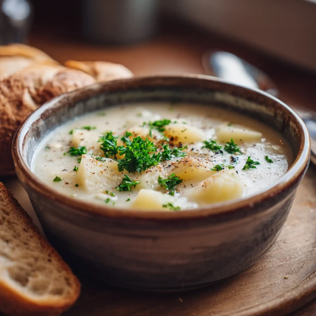 Garlic potato soup with parsley and black pepper
