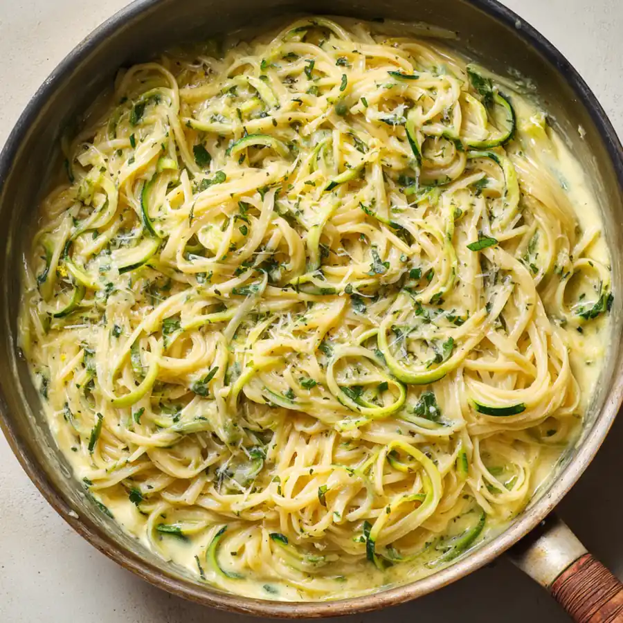 Pasta coated in creamy zucchini sauce with fresh herbs