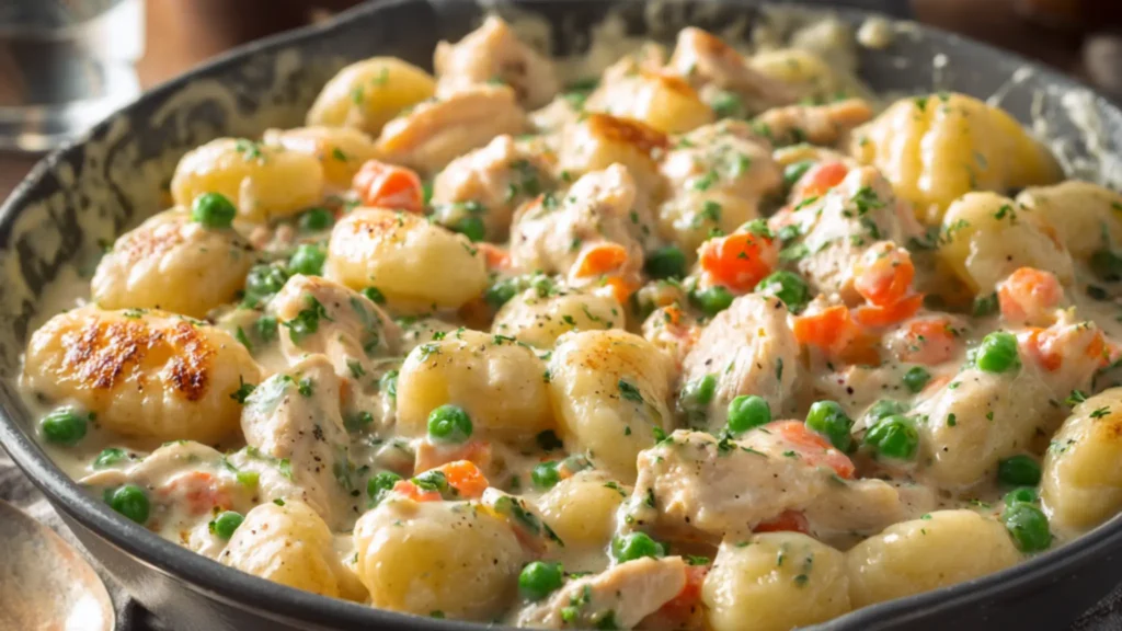 Creamy chicken gnocchi with peas and carrots in a rich herb sauce