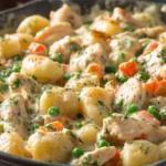 Creamy chicken gnocchi with peas and carrots in a rich herb sauce