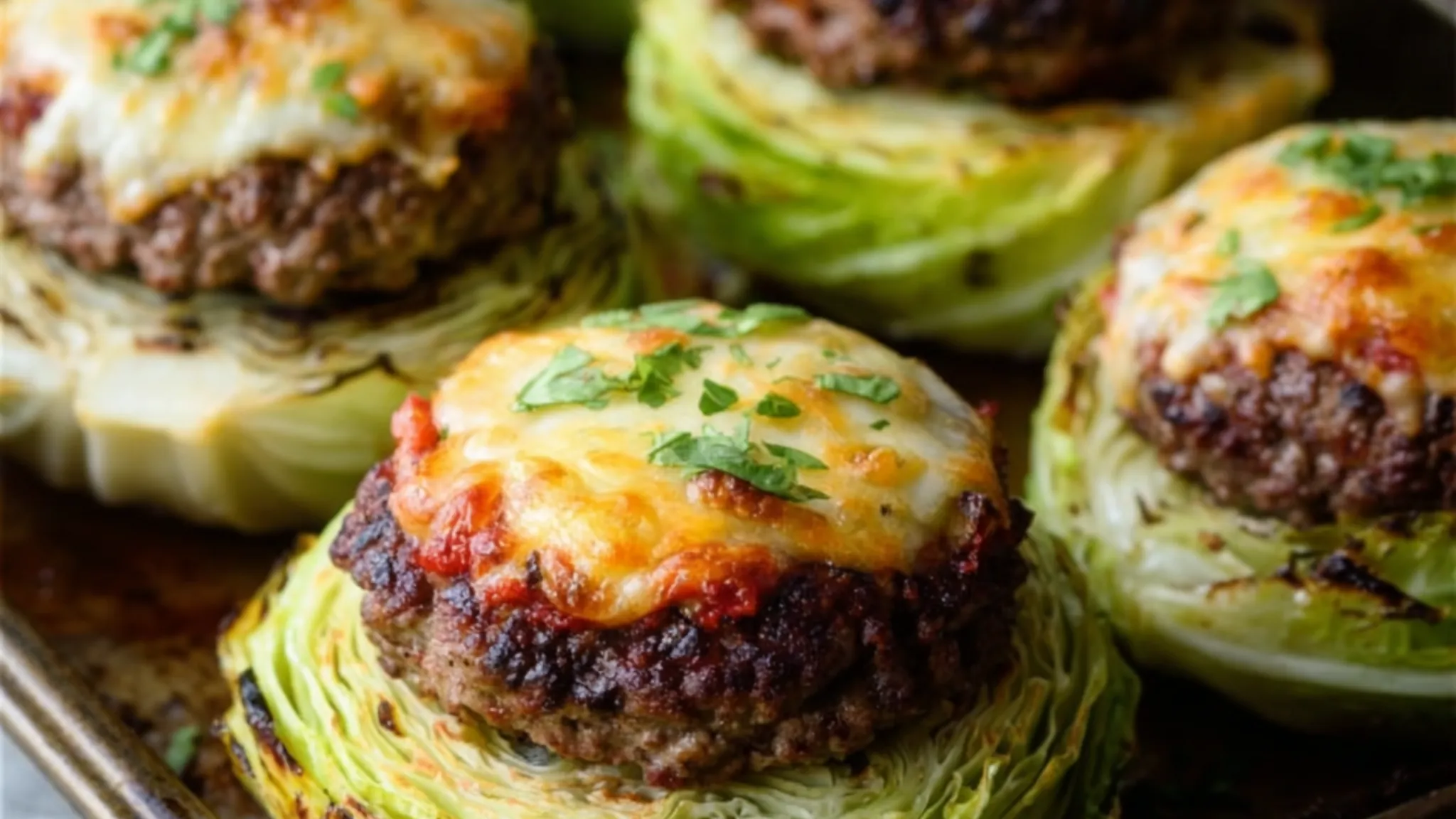 Crispy cabbage rounds topped with juicy beef patties and melted golden cheese baked until bubbly