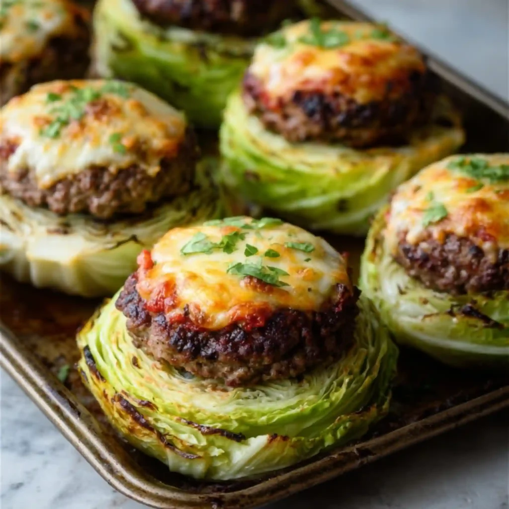 Juicy beef burger patties baked on roasted cabbage slices with melted cheese topping