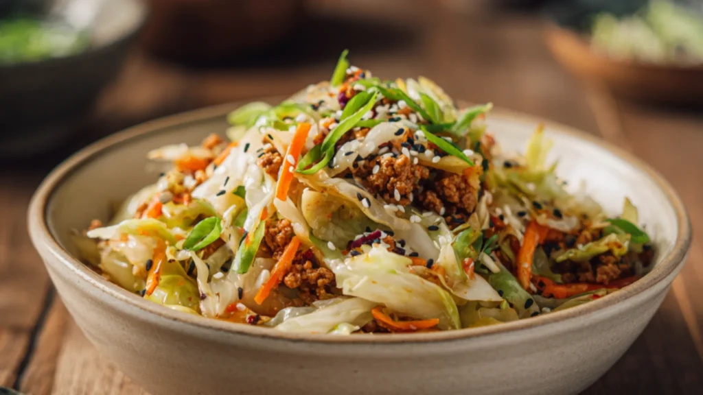 Egg roll bowl made with ground chicken, shredded cabbage, carrots, green onions and sesame seeds in a savory garlic ginger sauce