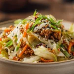 Egg roll bowl made with ground chicken, shredded cabbage, carrots, green onions and sesame seeds in a savory garlic ginger sauce