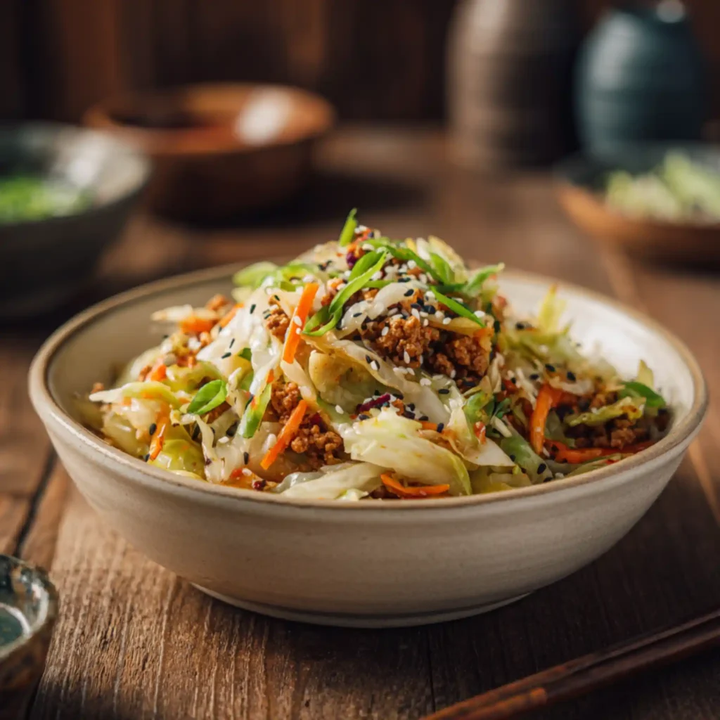 Low carb egg roll in a bowl topped with sesame seeds and sliced green onions
