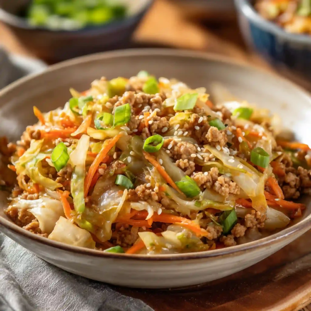 Ground chicken and cabbage stir fry bowl with carrots and scallions