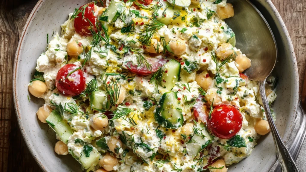 Mediterranean cottage cheese and chickpea salad with cucumber, tomatoes, fresh herbs, and olive oil