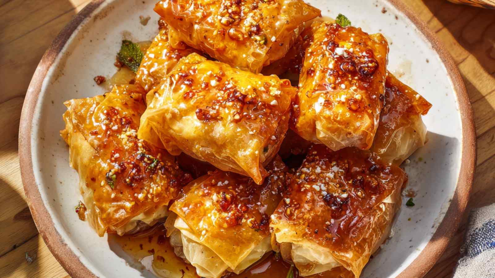 Oven fried feta rolls drizzled with sweet spicy chili honey and crushed nuts