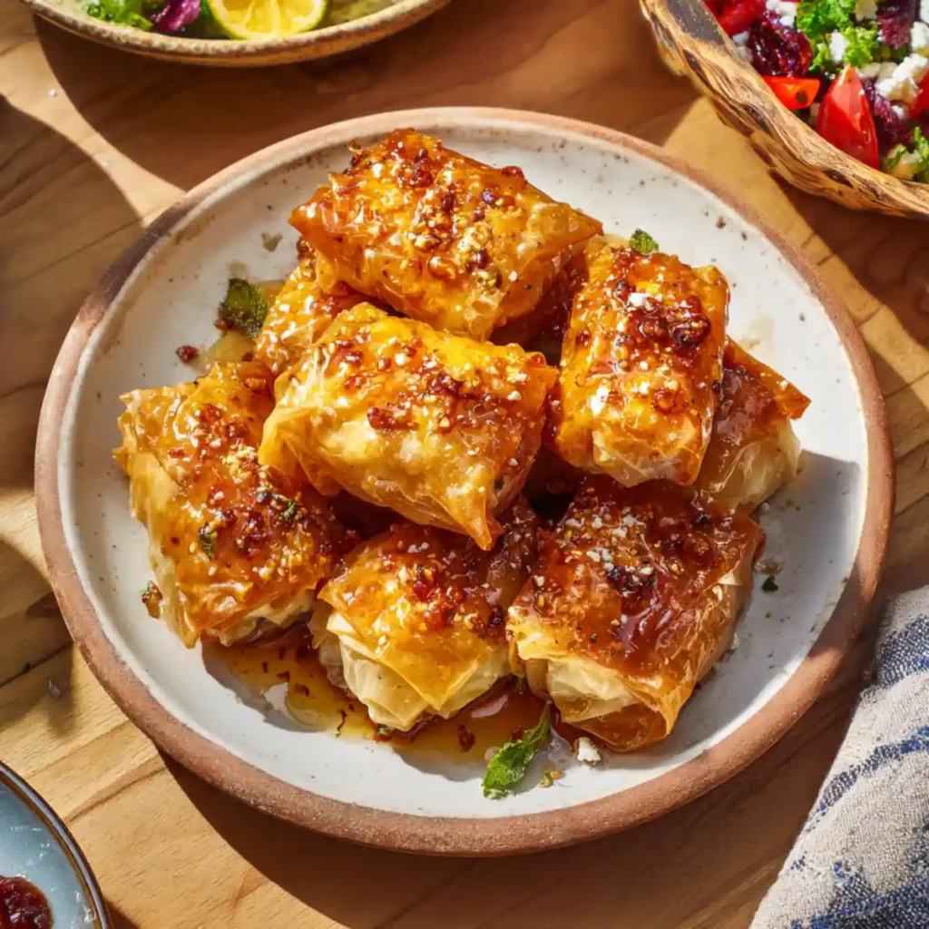 Crispy feta pastry rolls coated in chili honey sauce